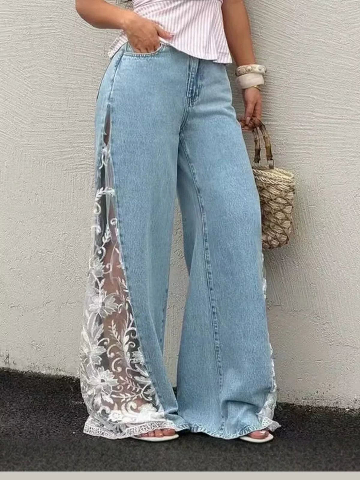 High-Waisted Wide-Leg Jeans with Sheer Floral Lace Side Panels — front view