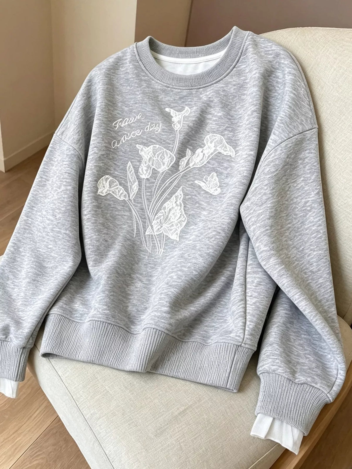 Gray Floral Crew Neck Sweatshirt front view