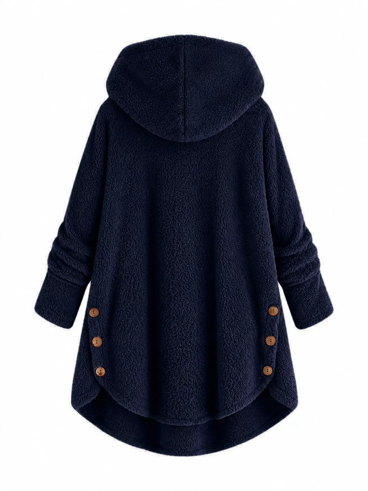 Navy fleece button-up hooded jacket with curved high-low hem, back view