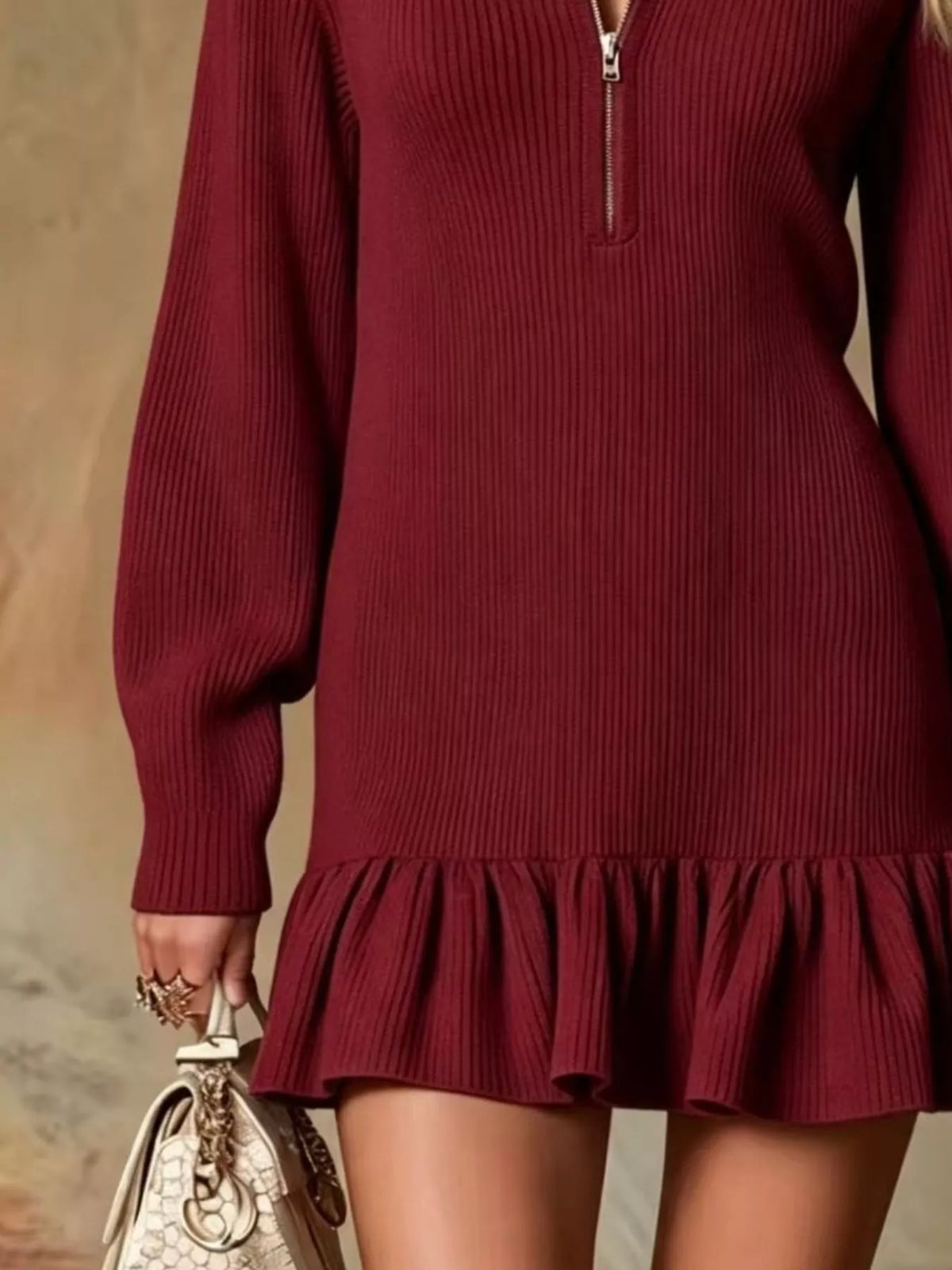 Burgundy half-zip ruffle-hem dress, ruffle hem detail