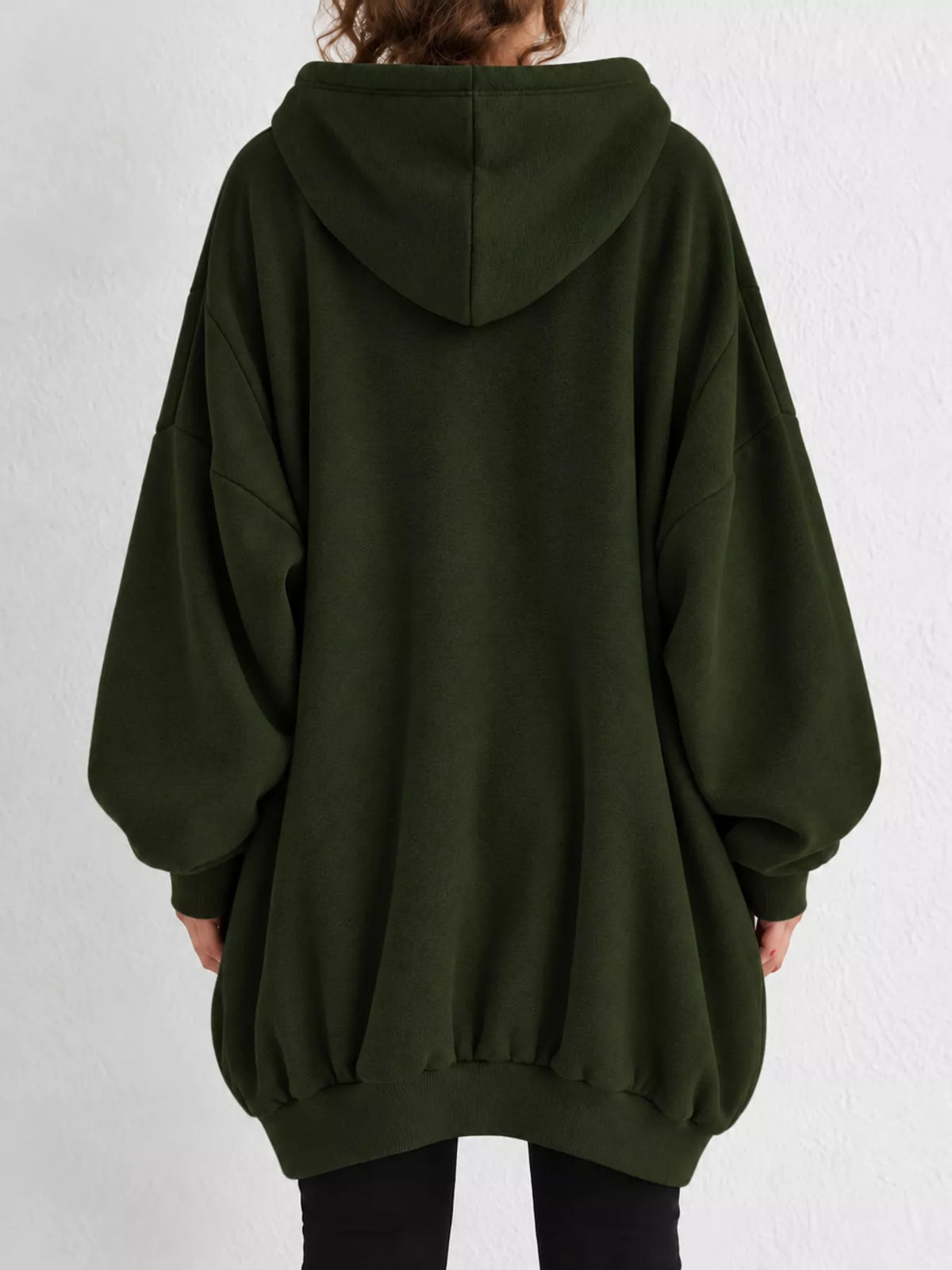 Army Green drawstring zip-up oversized hoodie, back view