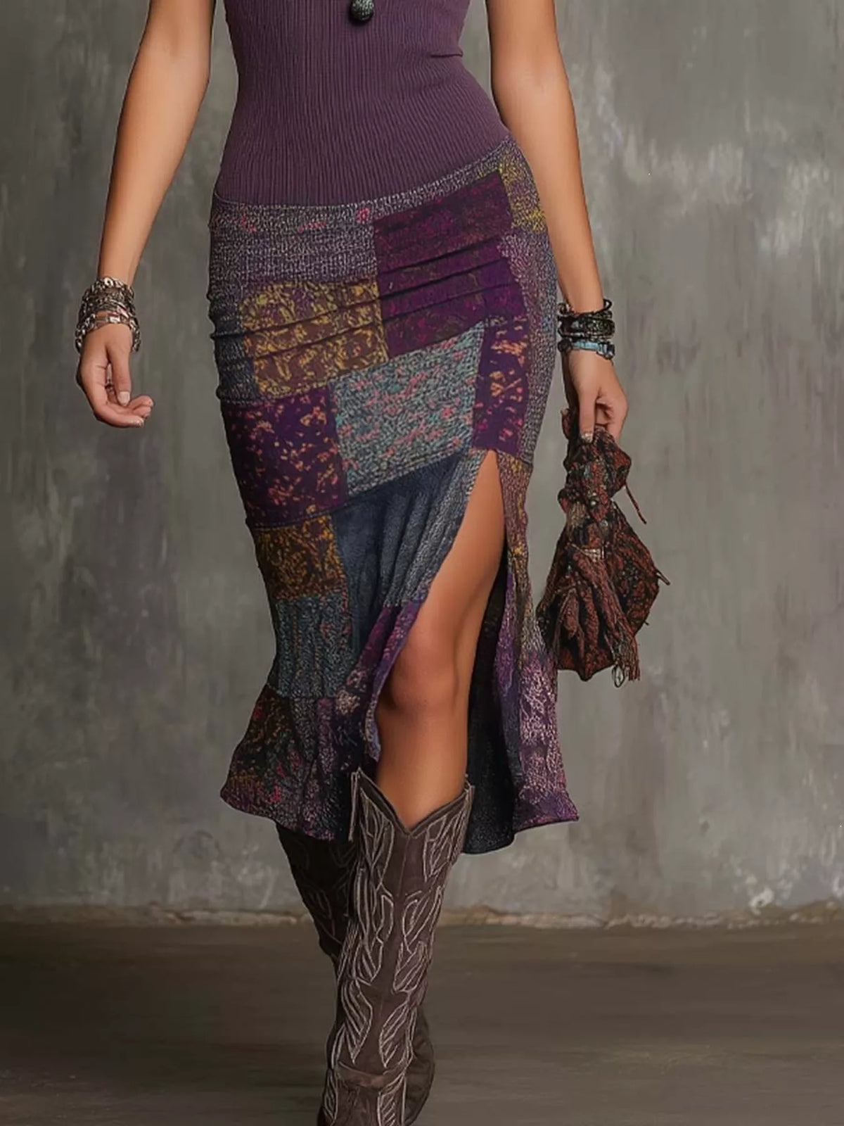 Purple printed slit midi dress, skirt and slit detail