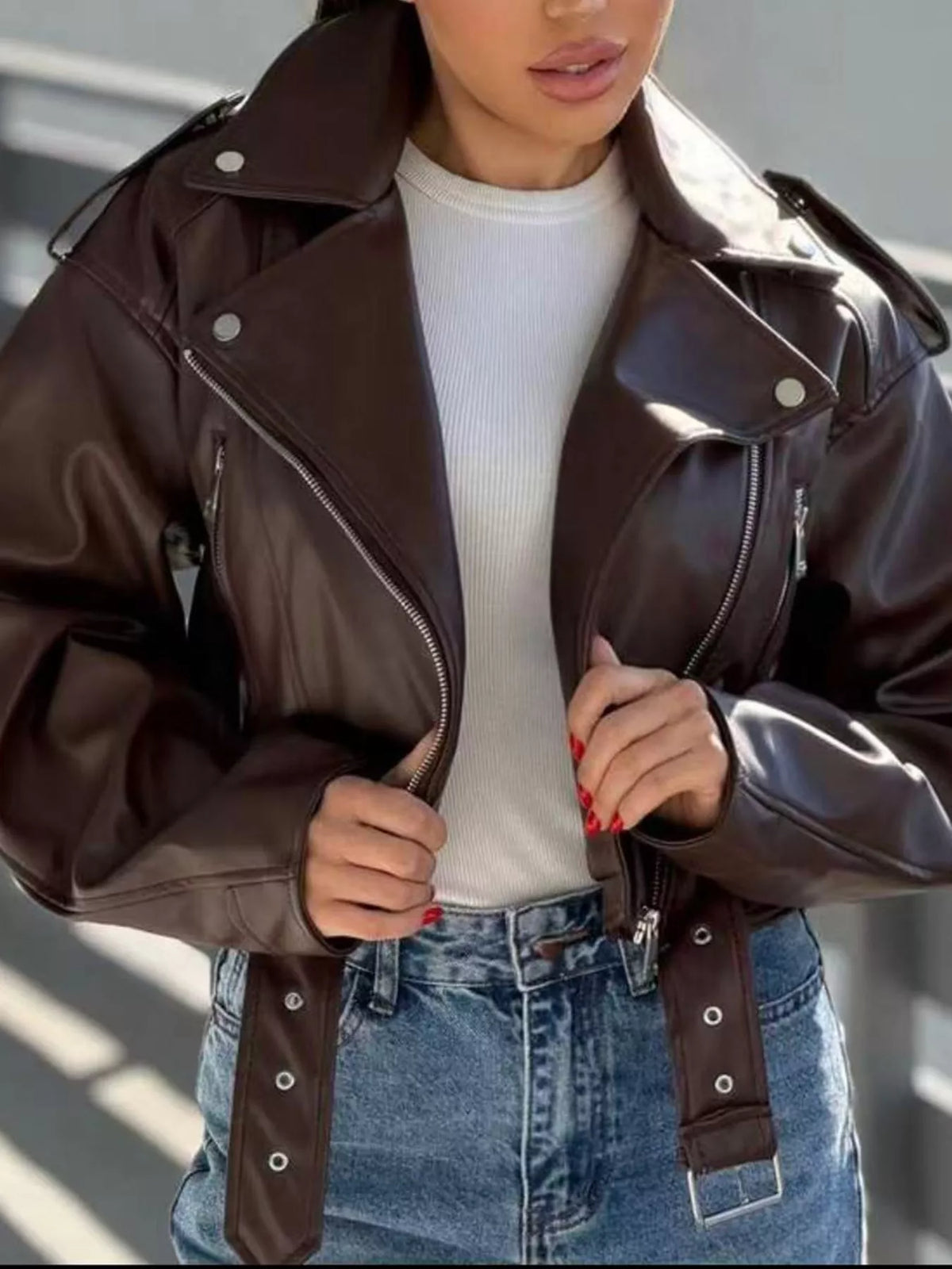 Faux Leather Zip Up Jacket in brown, front view
