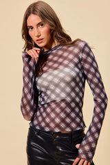 Trendsi SO ME Plaid Mesh Knit Long Sleeve Top with Thumb Opening -