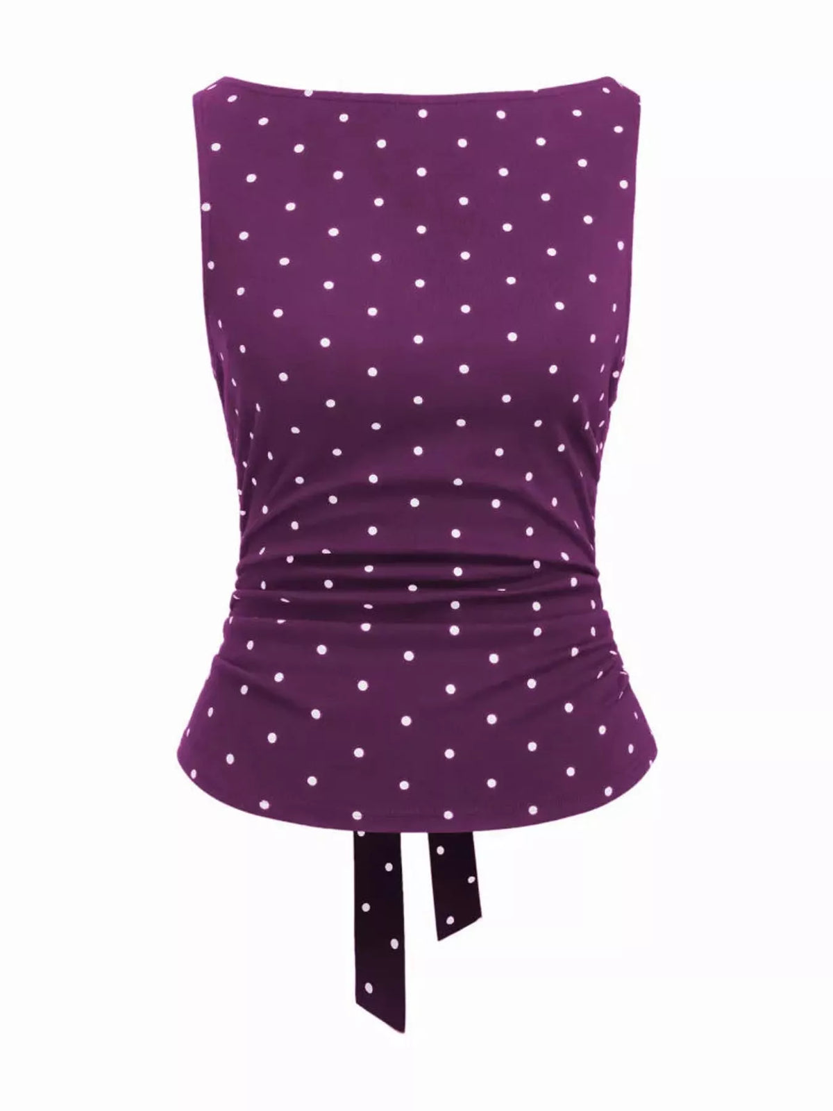 Polka Dot Print Sleeveless Tank Top with Tie Back, back view in purple and white