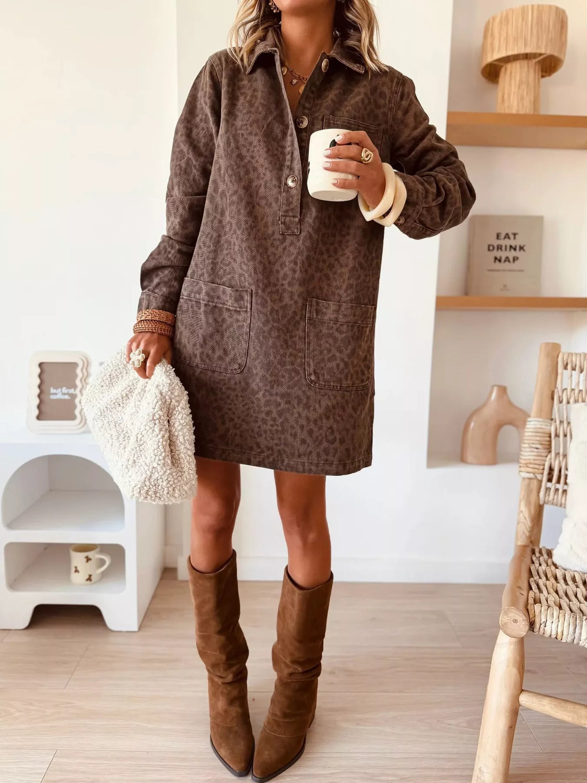 Denim shirt dress, brown leopard-print full front