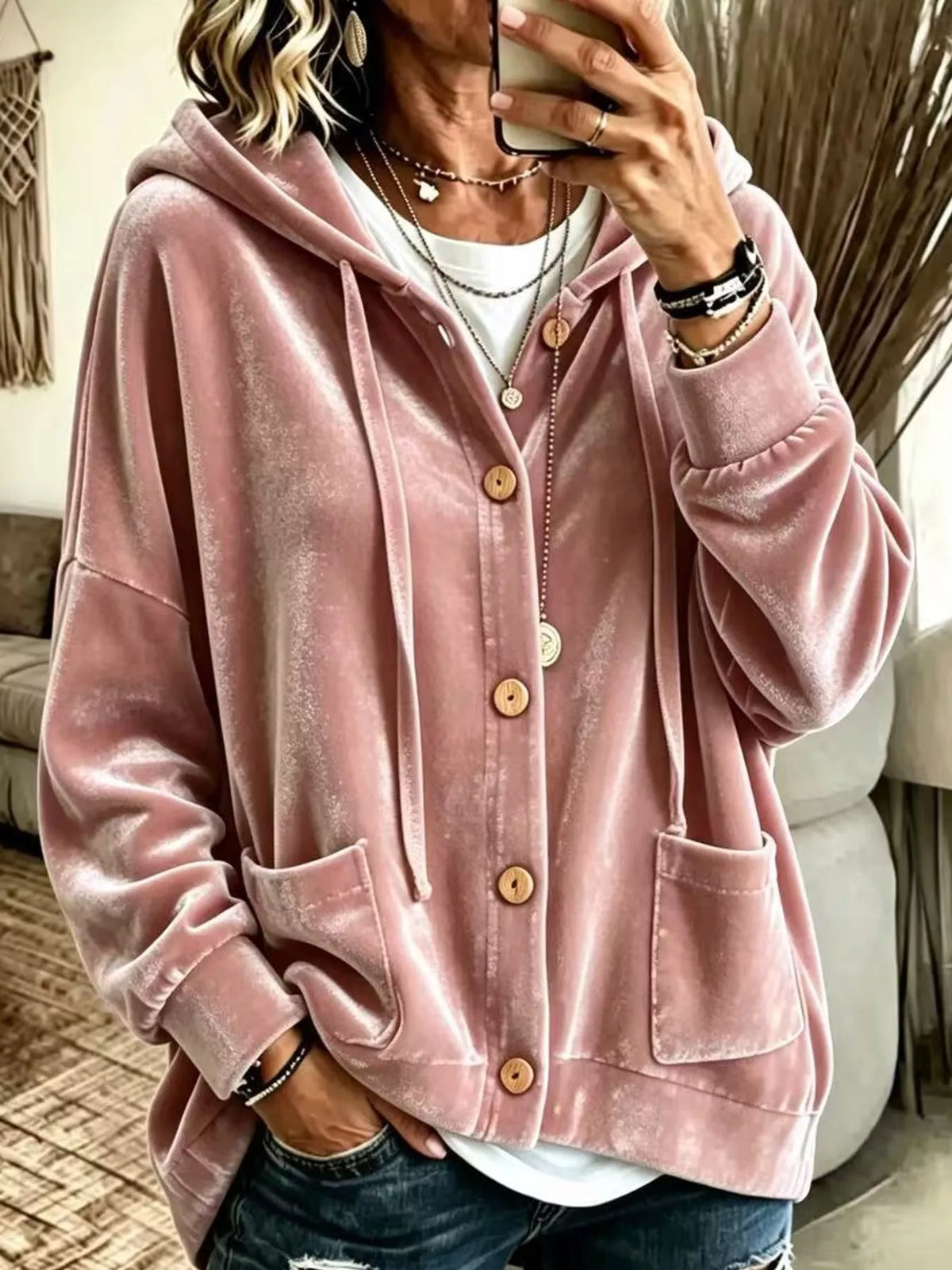 Pink velvet dropped shoulder hoodie, front view