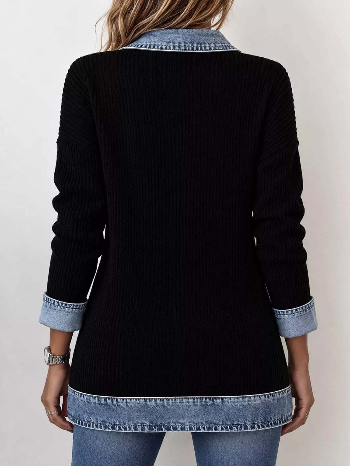 Black denim trim ribbed knit cardigan, back view