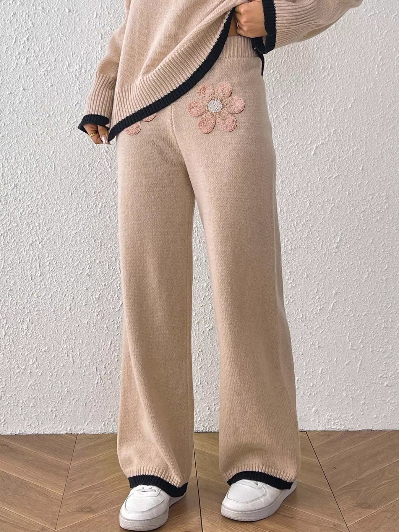 Trendsi Floral Applique High-Waisted Wide-Leg Sweater Pants -