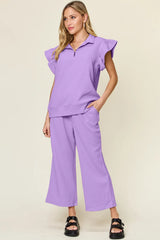 Trendsi Double Take Texture Ruffle Short Sleeve Top and Drawstring Wide Leg Pants Set -