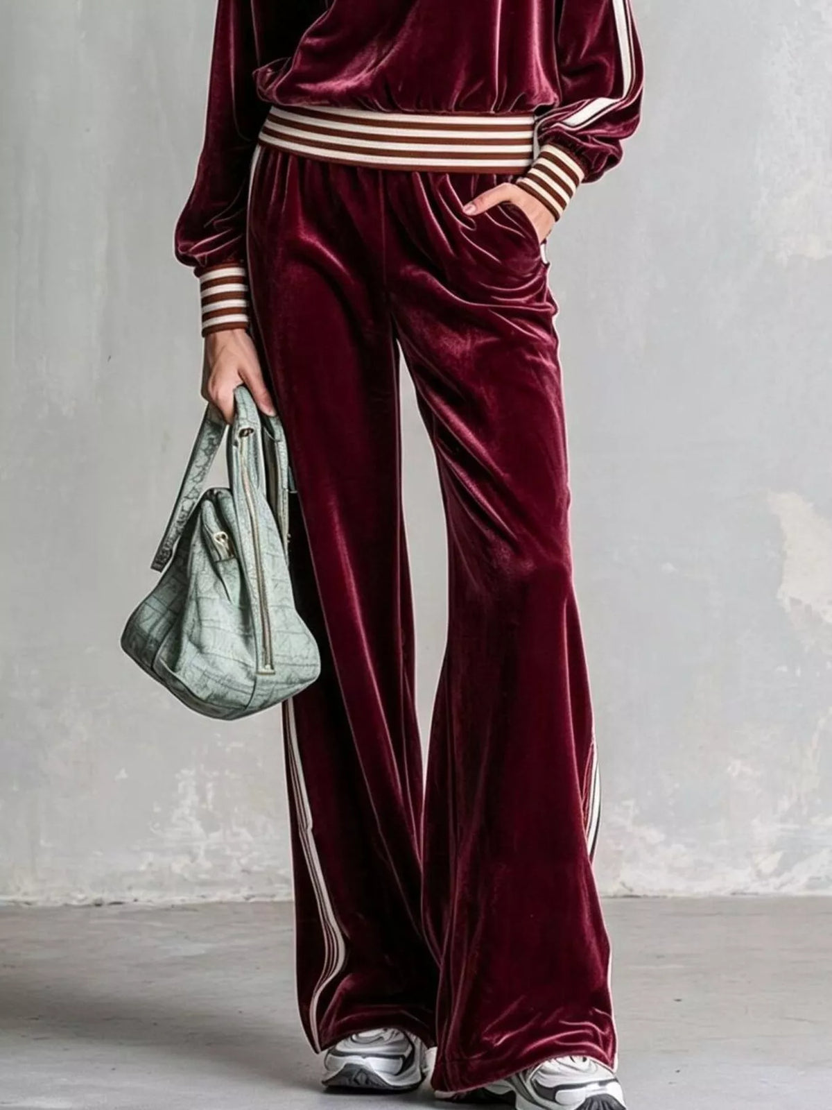 Burgundy striped half-zip top and pants set, pants detail