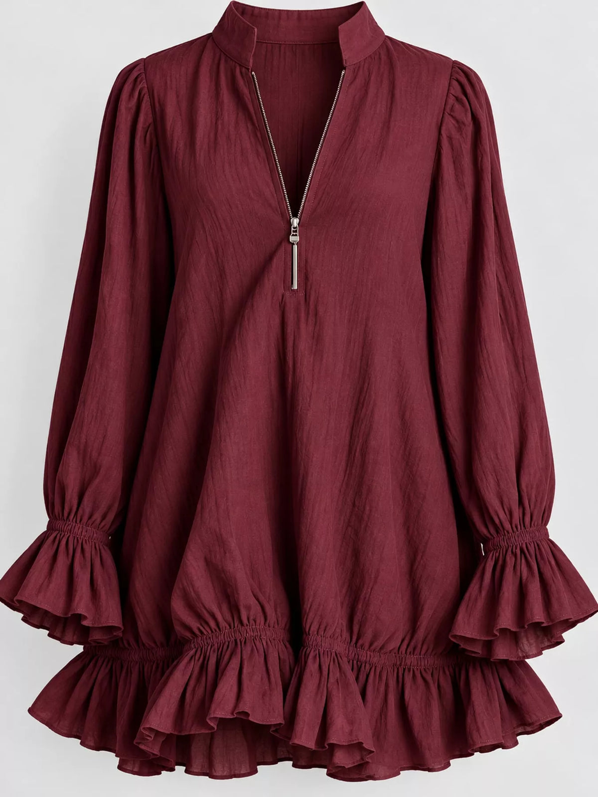 Ruffled-hem mini dress, burgundy ruffled cuff and hem