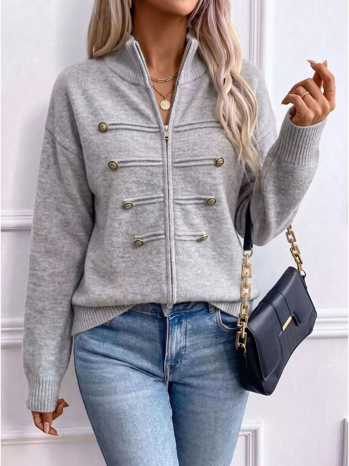 Gray zip-up long sleeve cardigan with decorative buttons