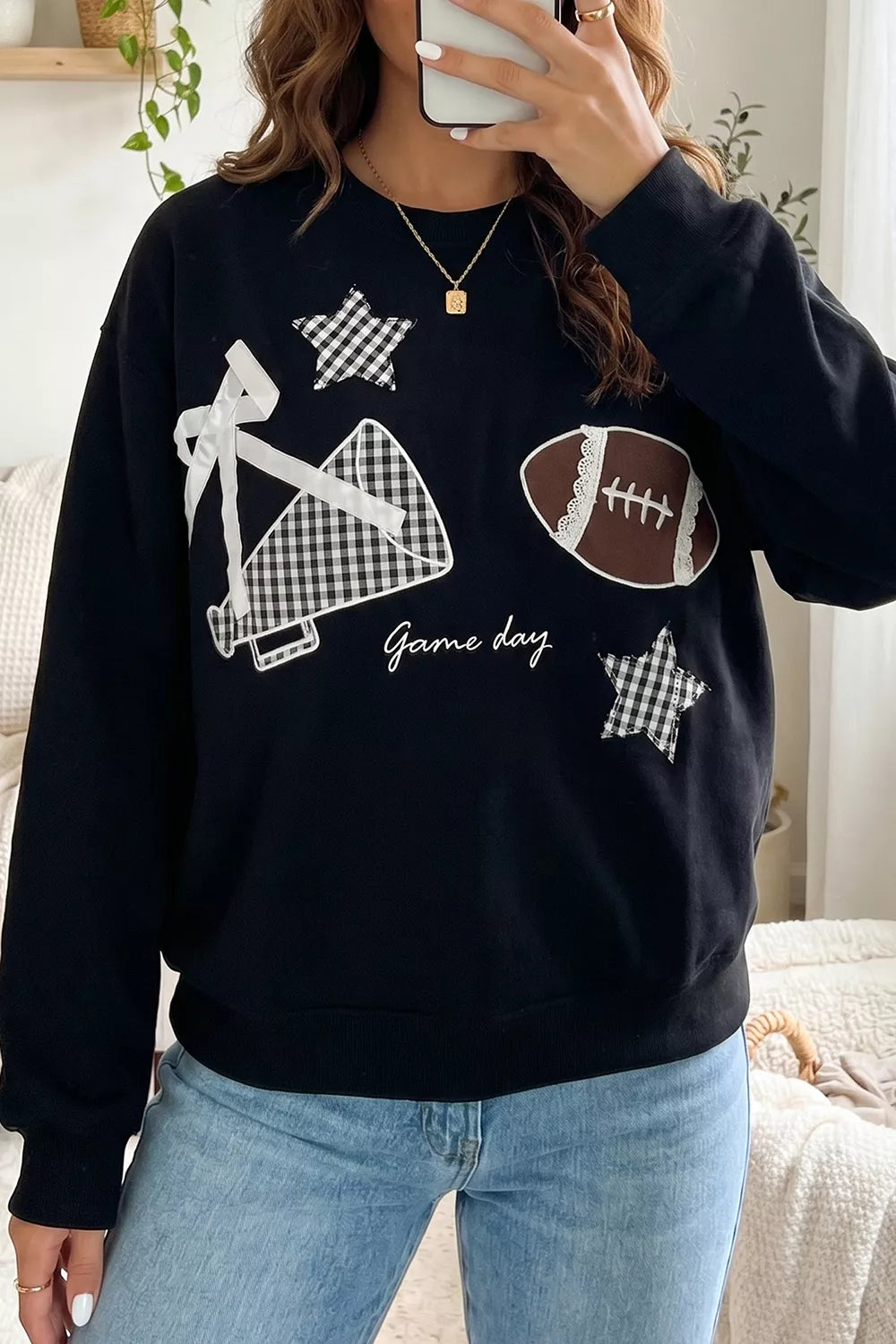Trendsi Gingham Patch Embroidered Rugby Game Day Stars Sweatshirt -
