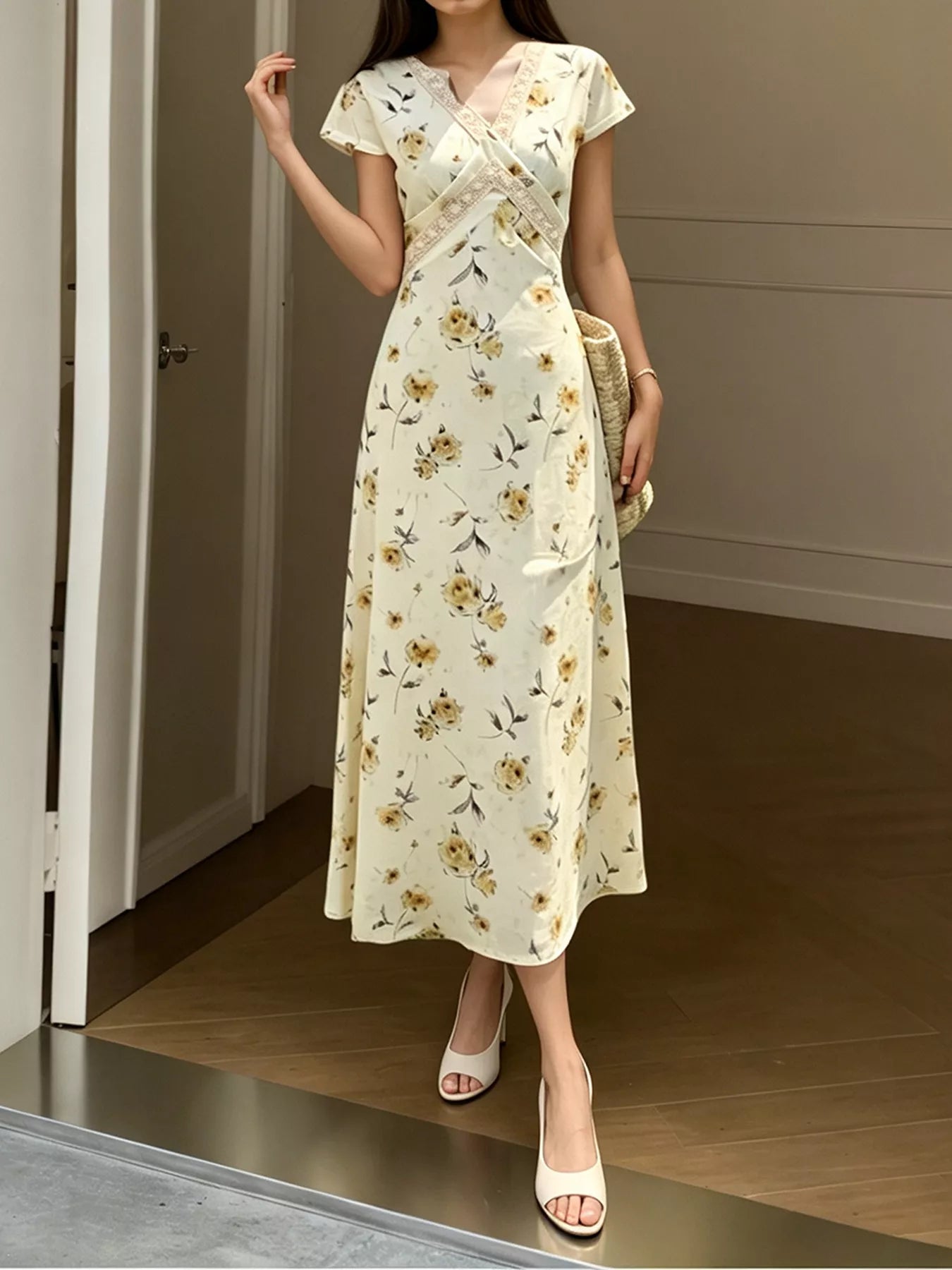 Trendsi Floral V-Neck Midi Dress with Lace Trim -