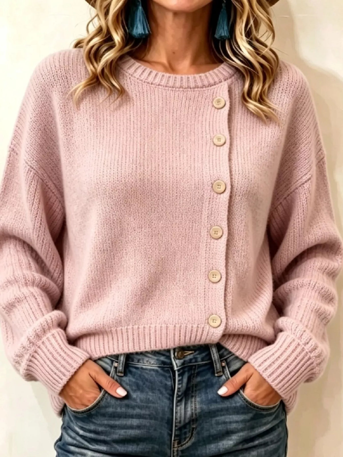 Women's Decorative Button Round Neck Sweater in pink — front view