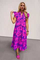 Trendsi Oh Full Size Ruffled Printed Notched Cap Sleeve Midi Dress - Dresses