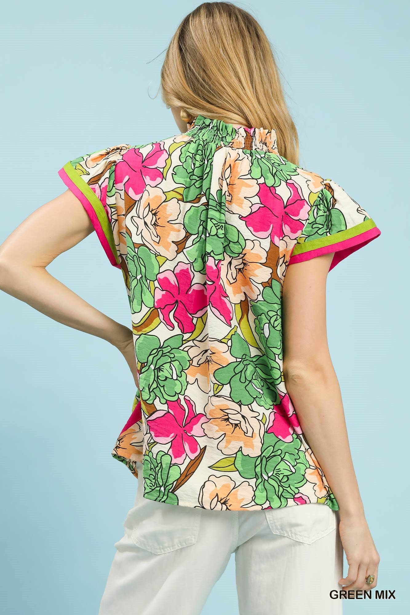 Women's Floral Print Rayon Blouse With Contrast Trim — product view 3