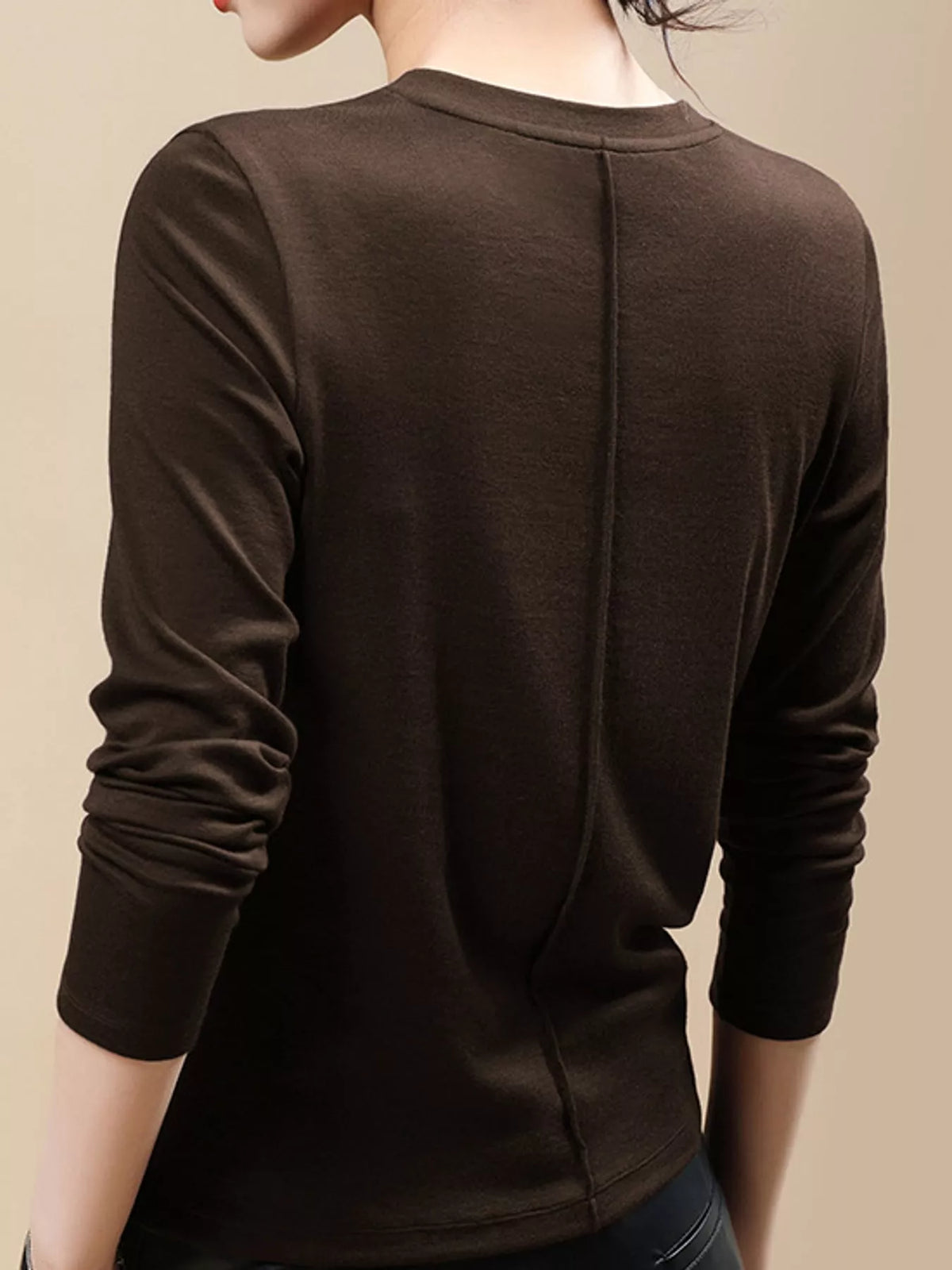 Coffee solid long-sleeve crew neck t-shirt, back view