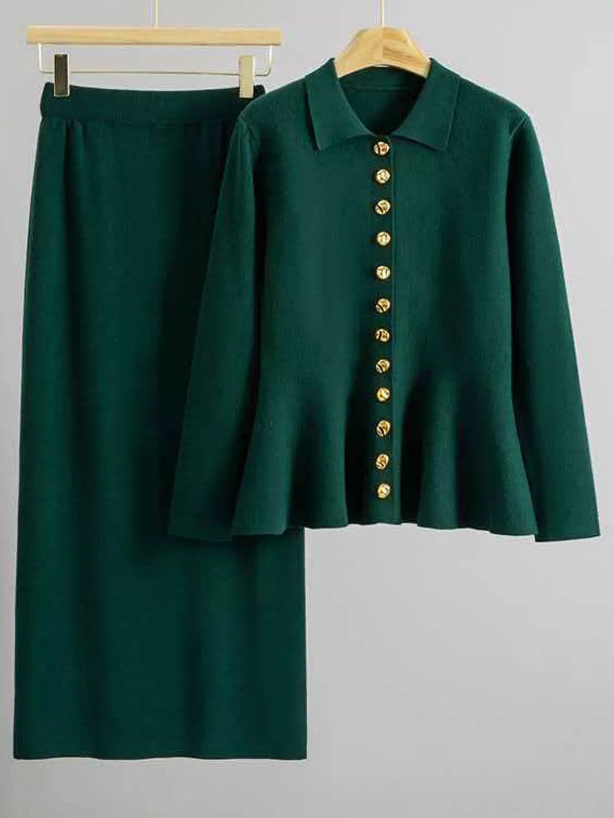 Dark green cardigan and skirt set, product view