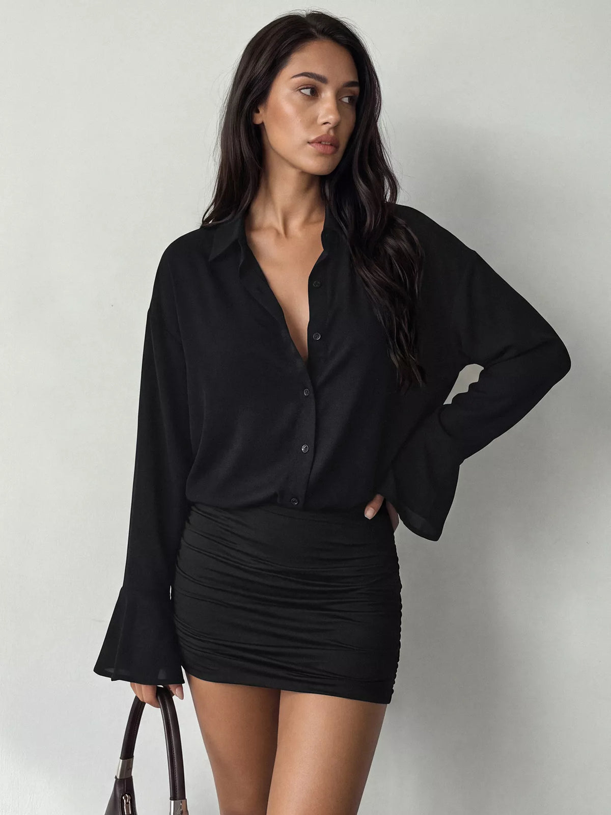 Black flounce sleeve ruched mini shirt dress, front view