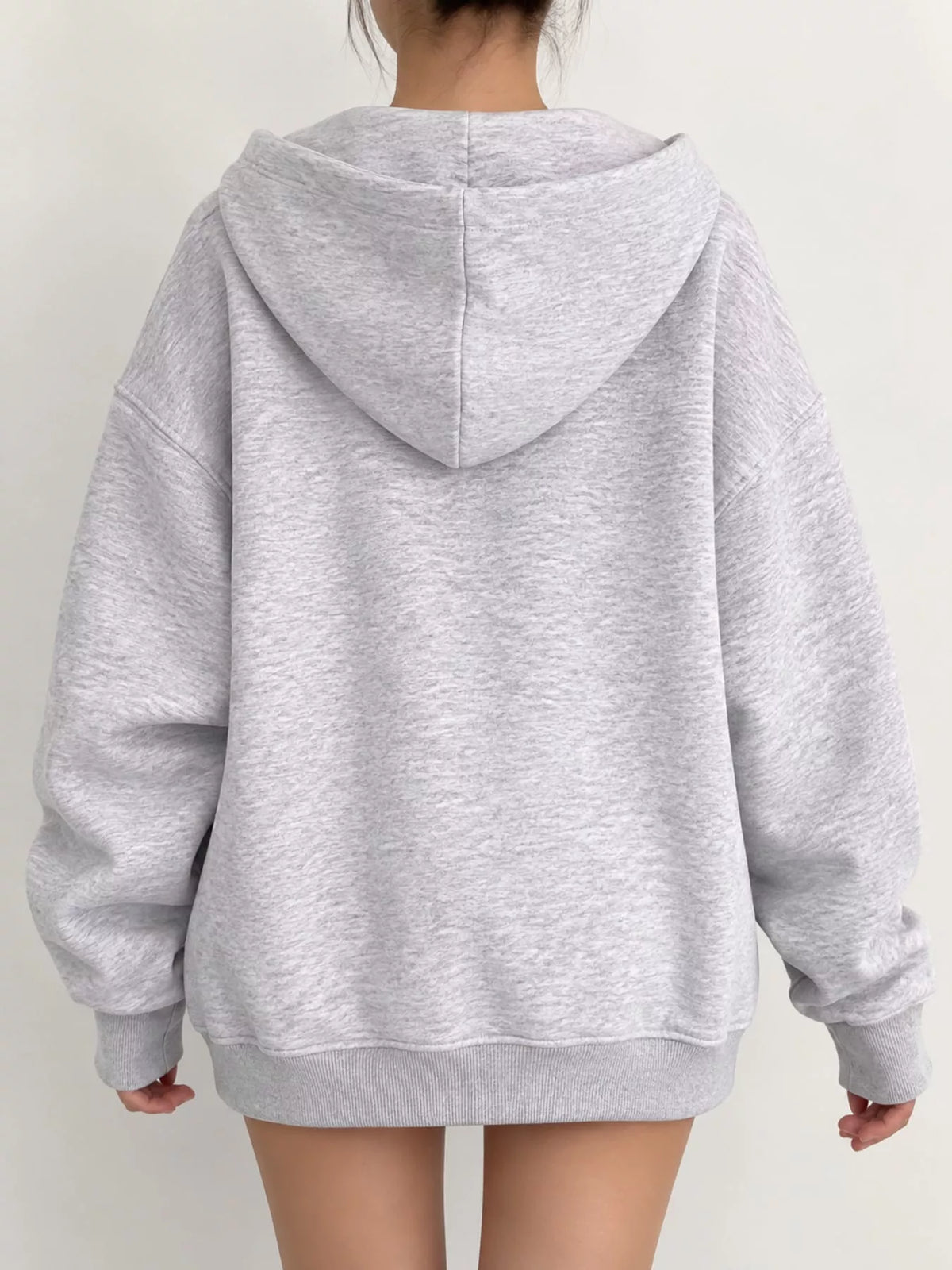 Women's Zip-Up Dropped Shoulder Hoodie in gray — back view