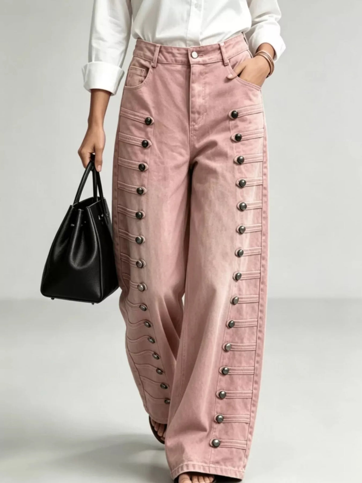 Decorative Button Wide-Leg Jeans in pink, front view