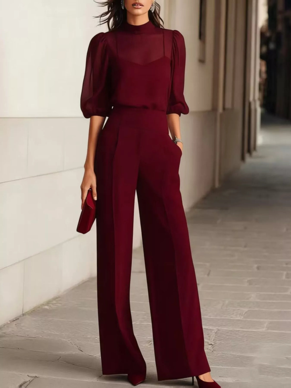 Women's Mock Neck Puff Sleeve Top and Wide Leg Pants Set in burgundy — front view