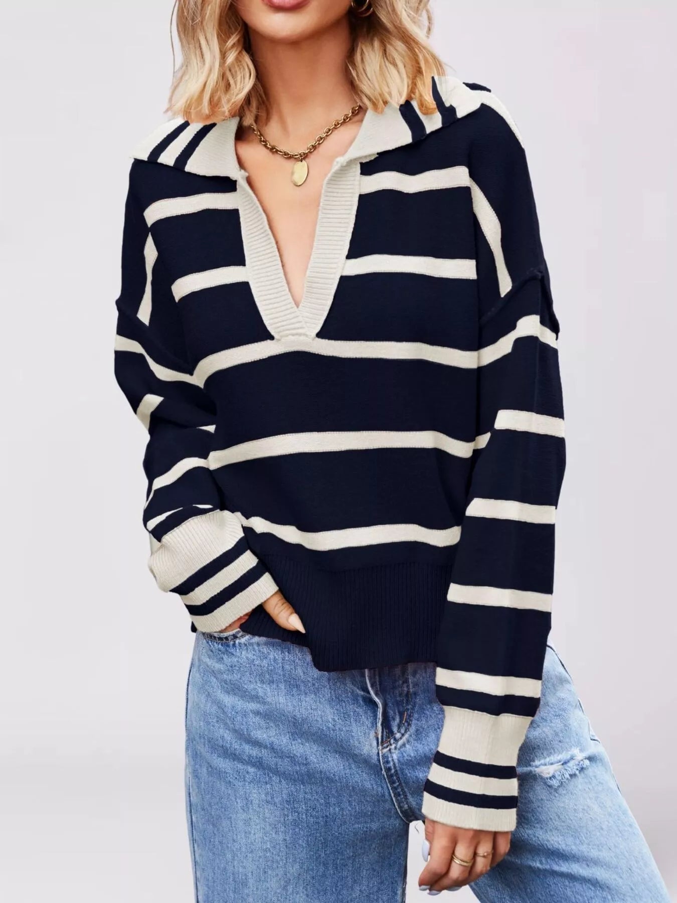Trendsi Striped Johnny Collar Dropped Shoulder Sweater -