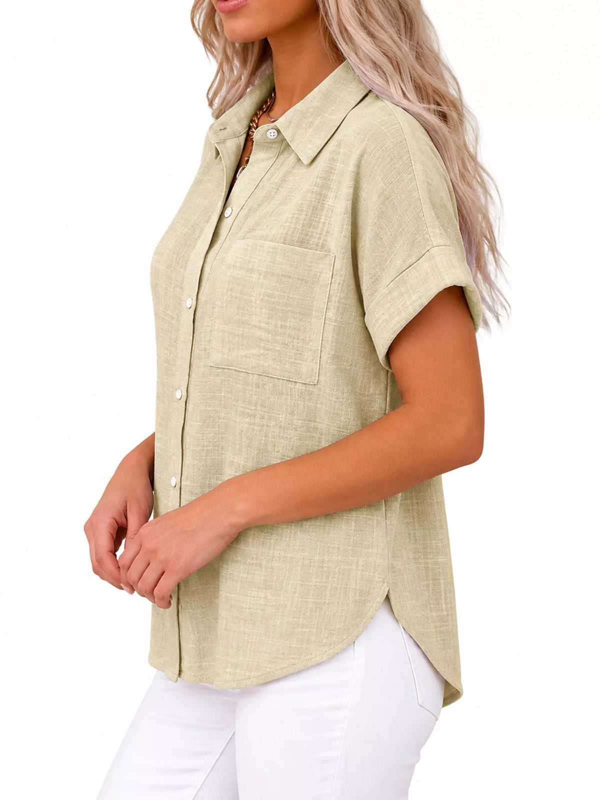 Women's Button Up Short Sleeve Shirt in beige — side view