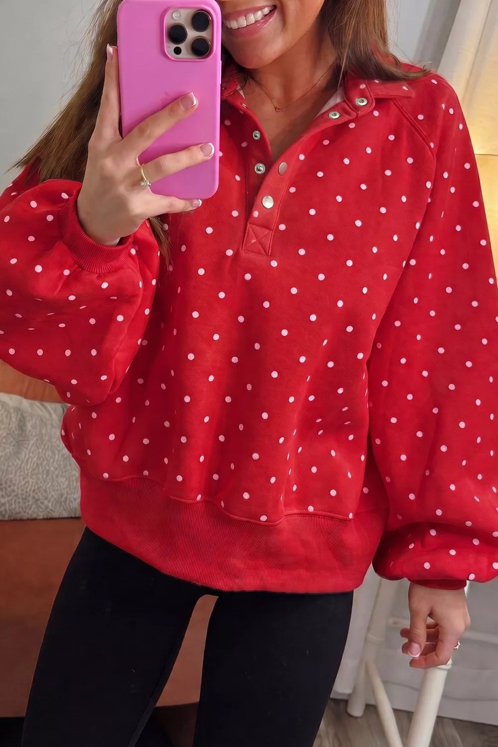 Trendsi Polka Dot Snap-Button Sweatshirt -