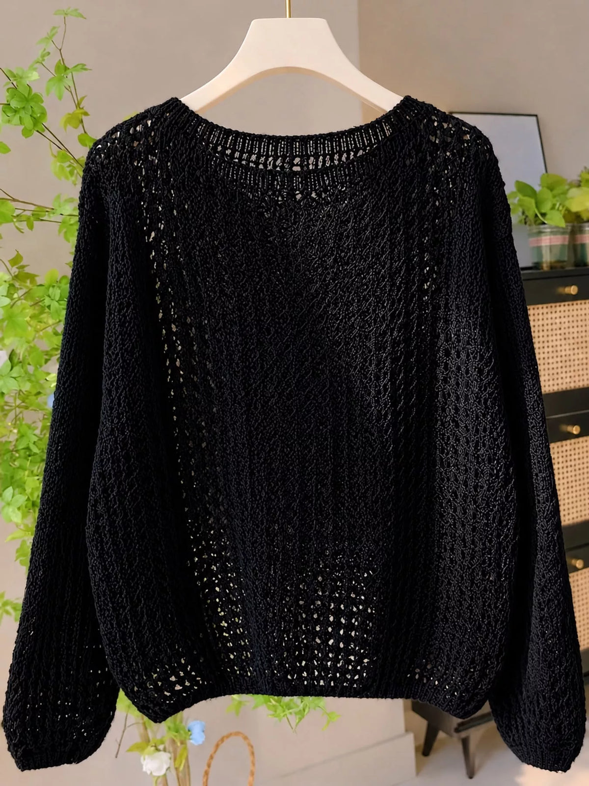Black openwork knit cover-up top