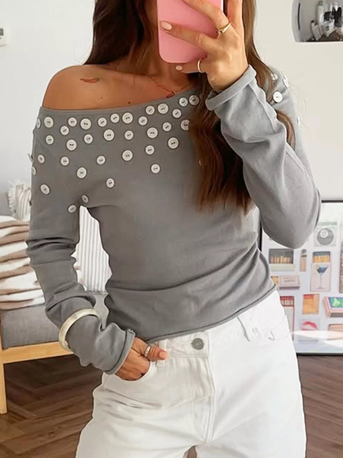 Decorative button one shoulder top