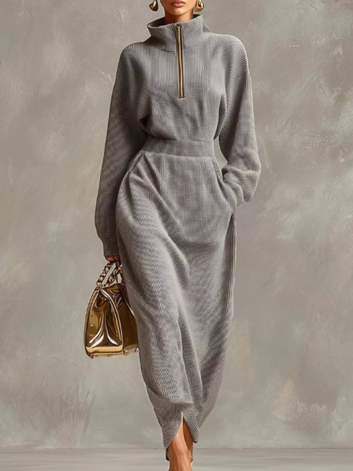 Trendsi Waffle Knit Quarter-Zip Midi Dress -