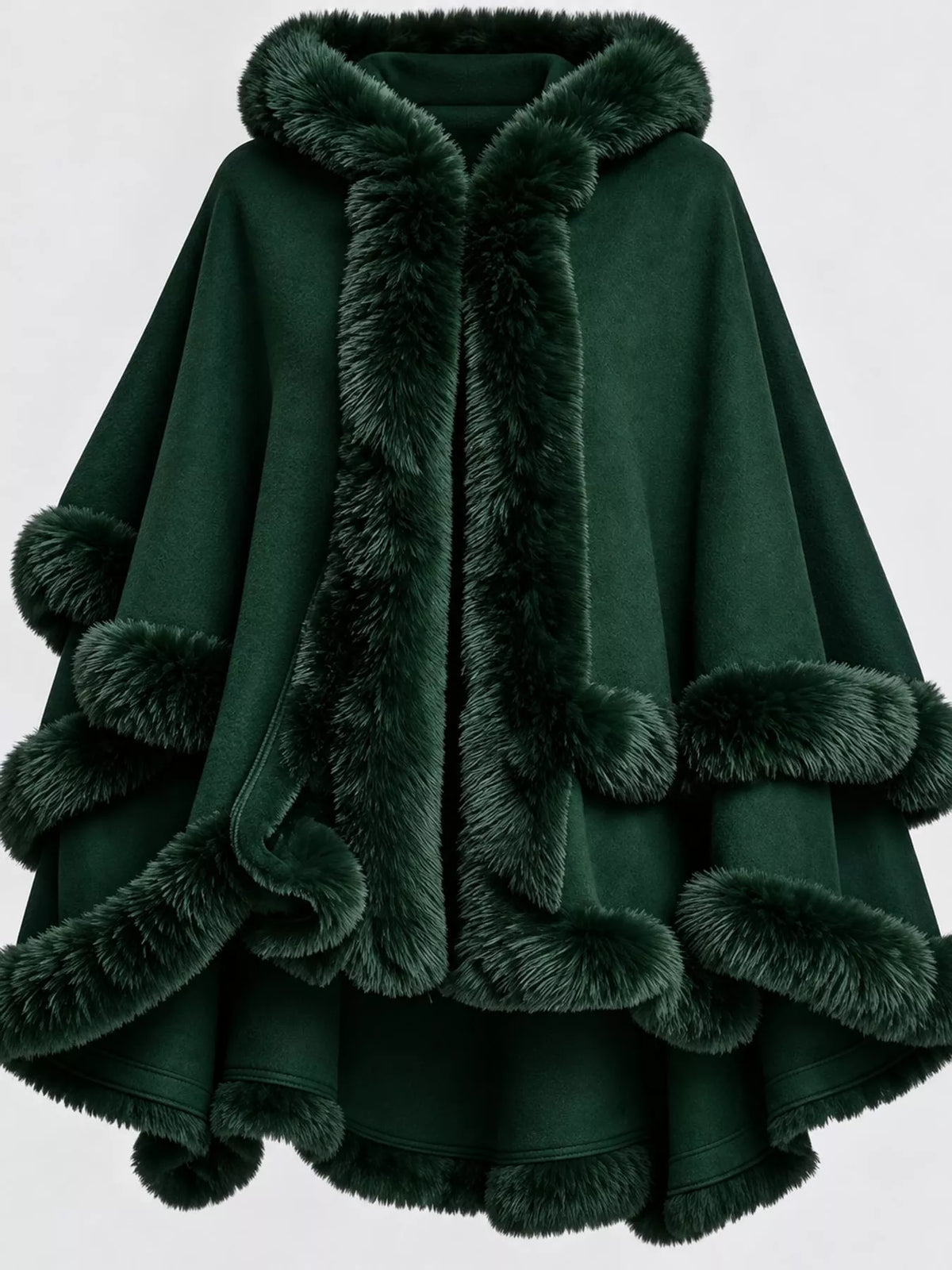 Faux-fur-trim cape, green trim detail