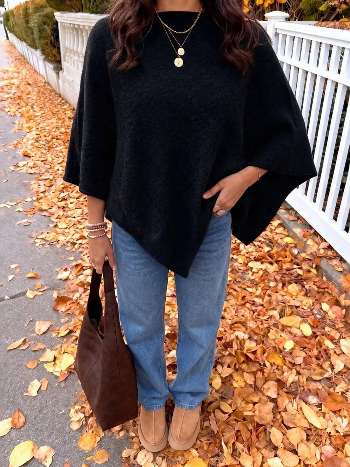 Black Oversized Round Neck Cape Sweater, front view