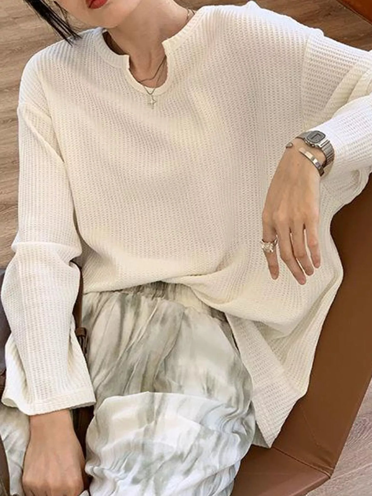 Split-Neck Waffle Knit Long Sleeve T-Shirt — front view