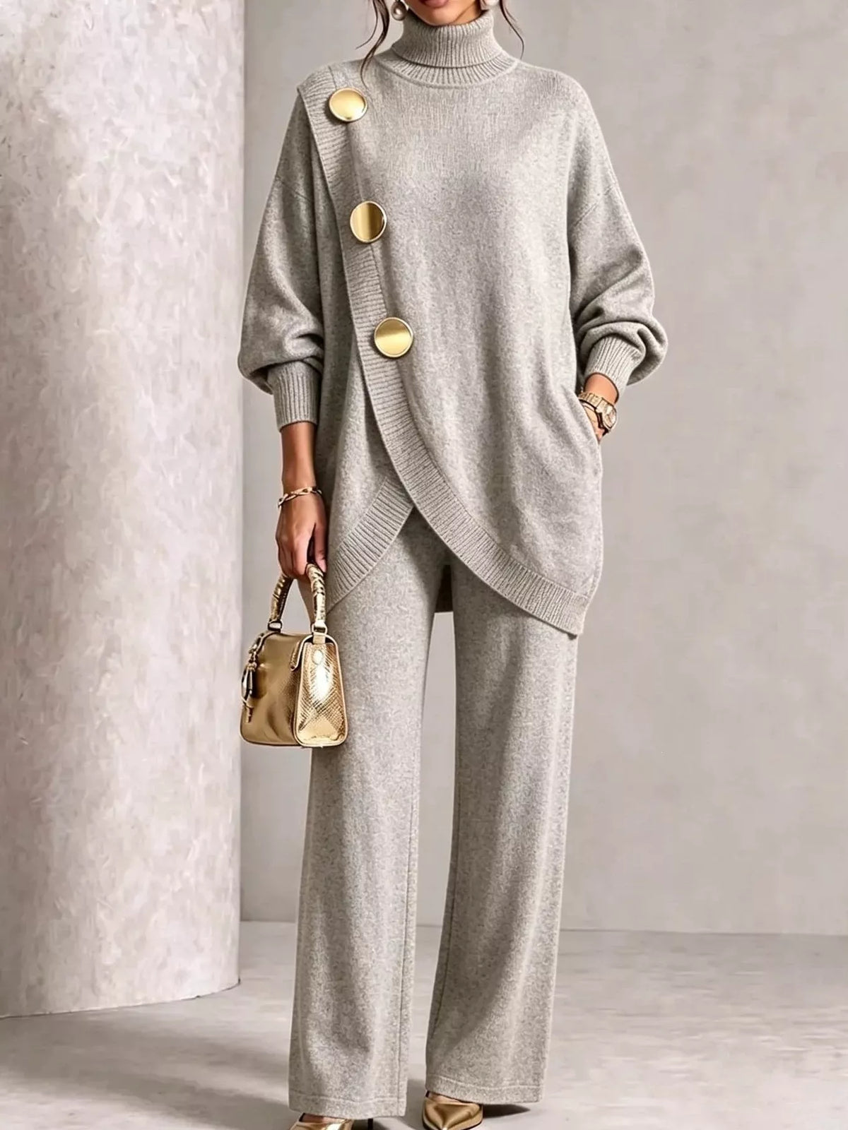 Turtleneck Asymmetric Sweater and Pants Set, front view