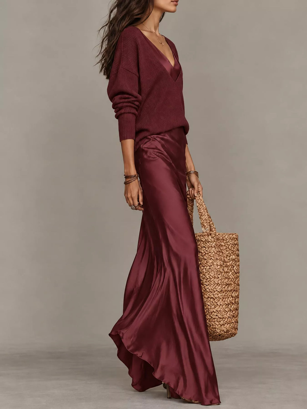 Satin Maxi Dress Two-Piece Set — side view