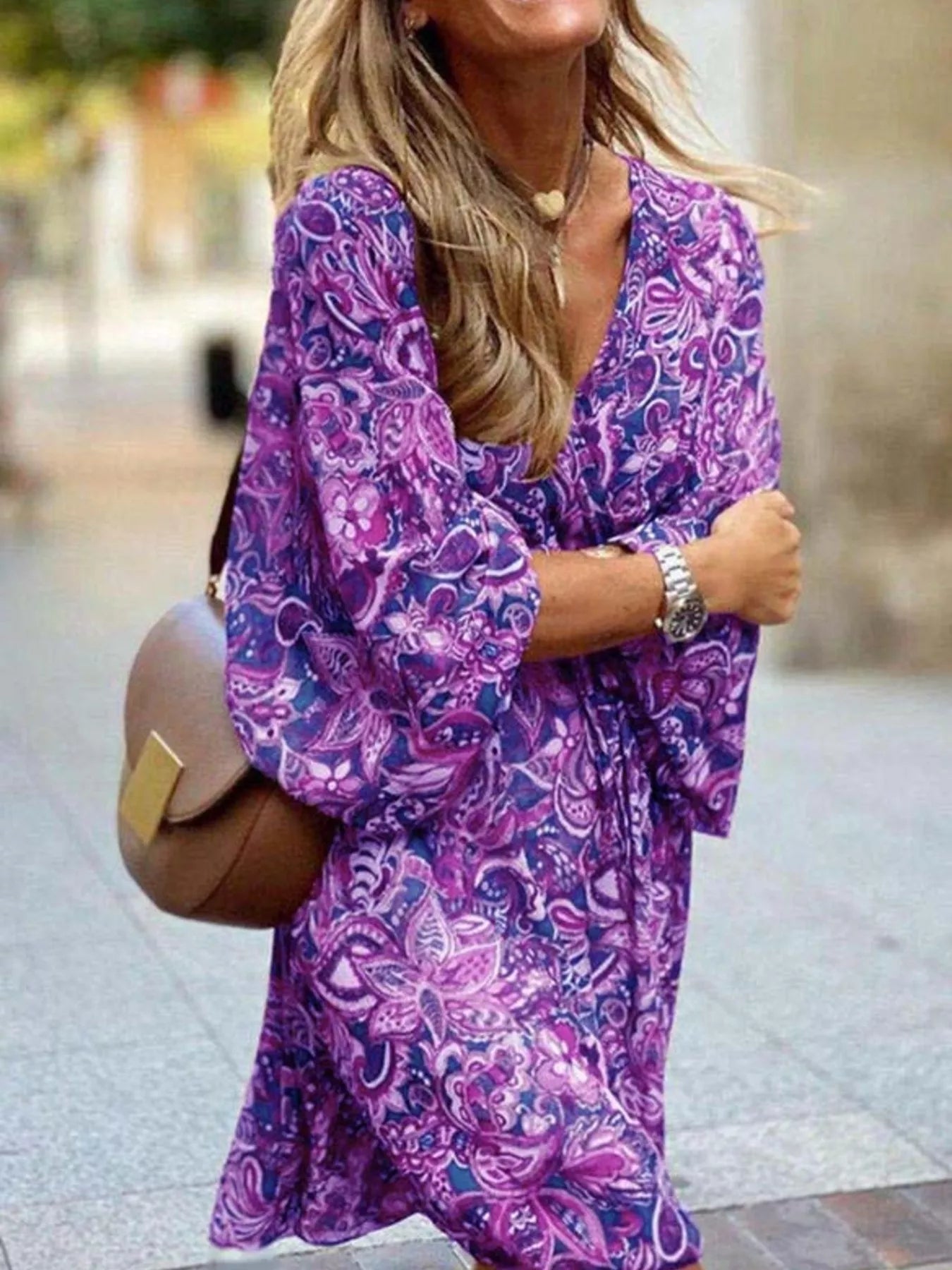Trendsi Full Size Paisley Print Long Sleeve Mini Dress Plus Size -