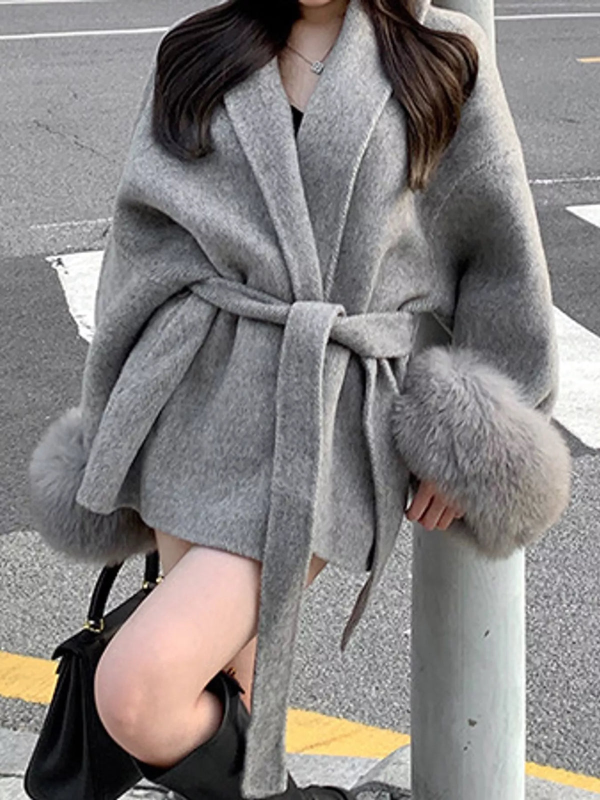 Gray tie-waist coat with faux fur cuffs — front view
