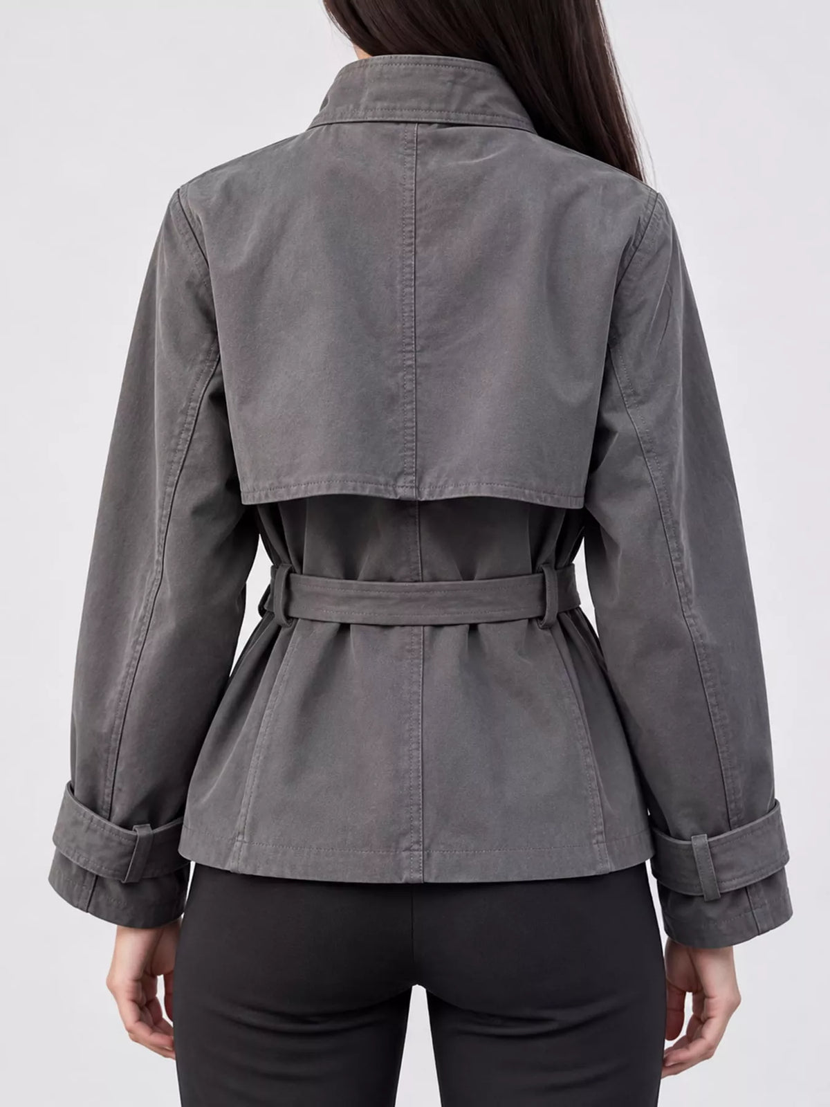 Women's Double-Breasted Belted Trench Coat in gray — back view