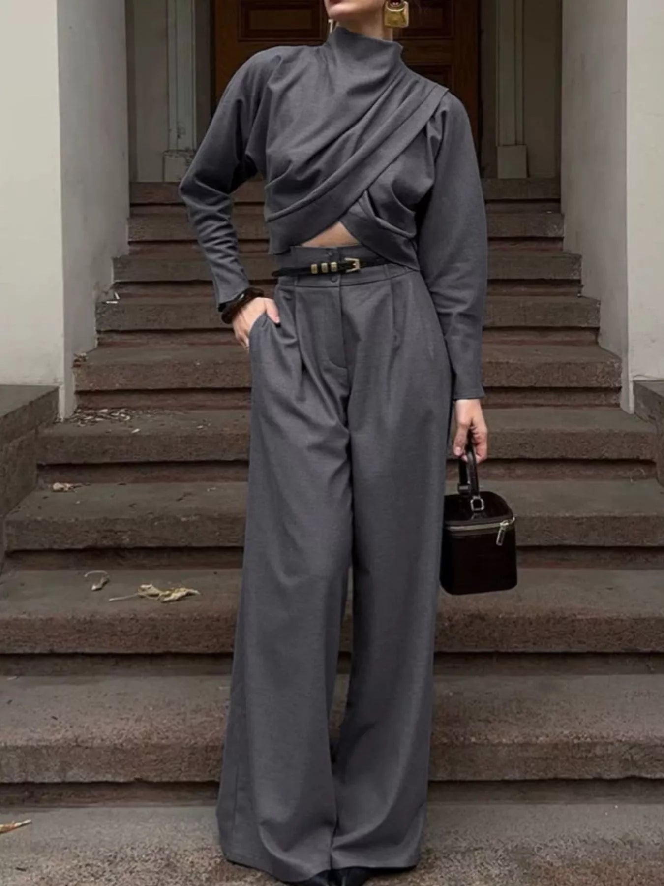 Trendsi Draped Crop Top and Wide-Leg Pants Set -