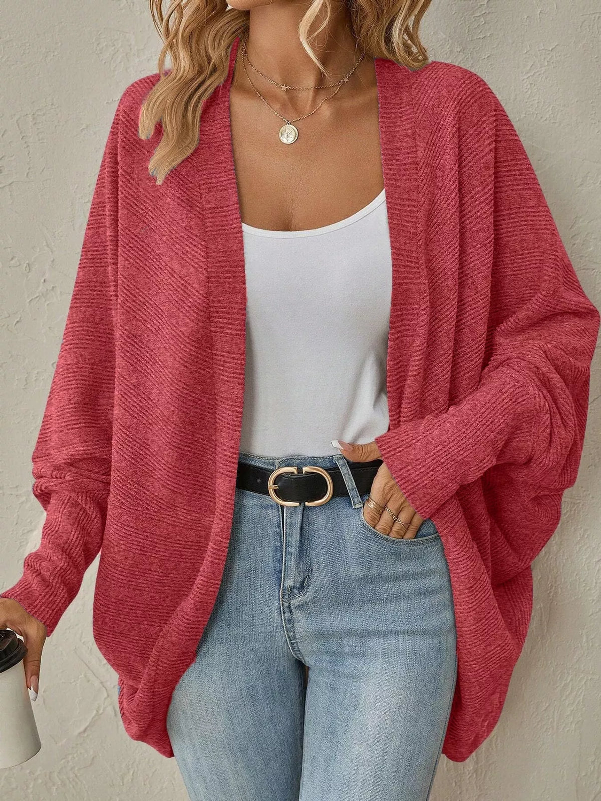 Orange Red open-front batwing sleeve cardigan