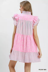 Trendsi Umgee Mix Patchwork Flutter Sleeve Tiered Dress - Dresses