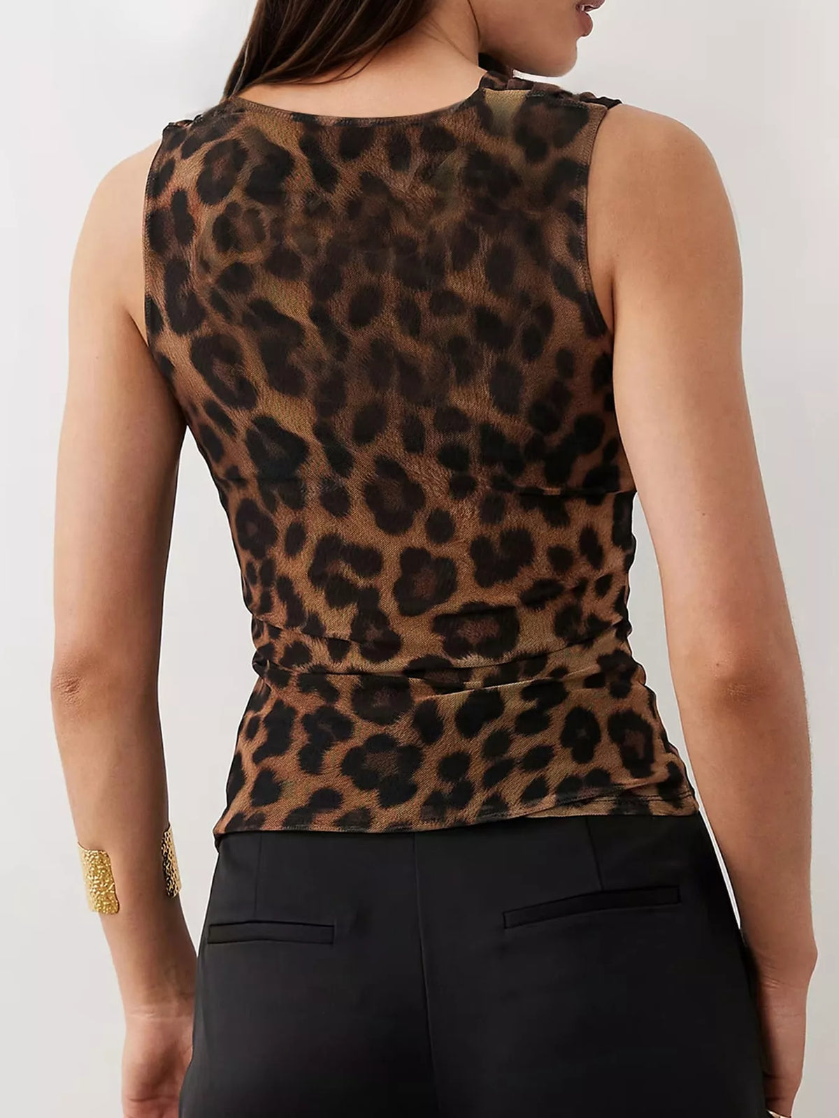 Leopard Print Cowl Neck Sleeveless Tank Top, back view in leopard print