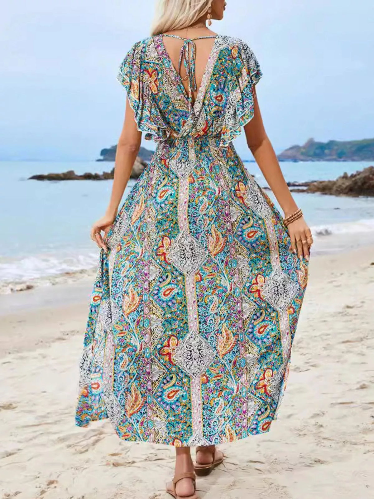 Paisley print flutter sleeve smocked maxi dress