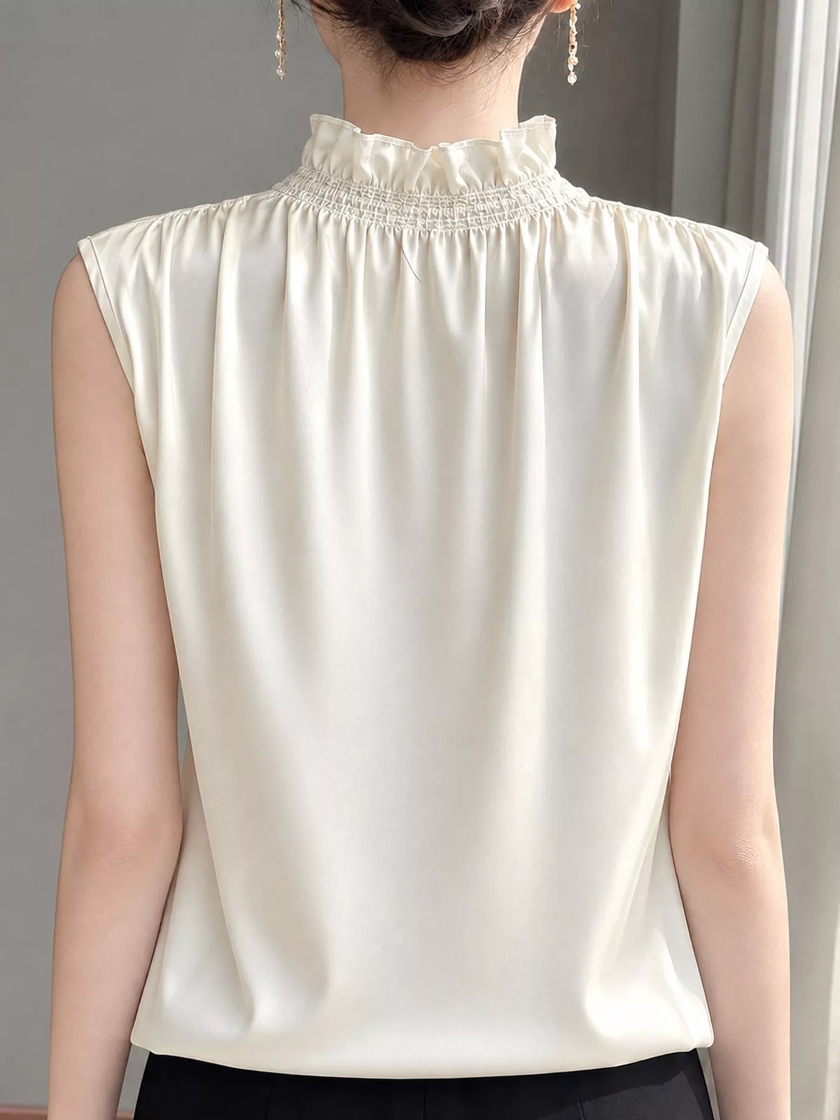 Sleeveless Ruffled V-Neck Satin Shirt — back view
