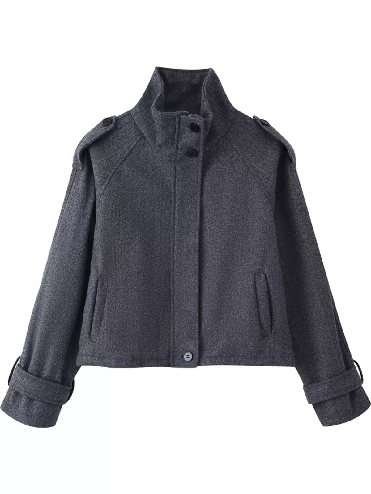 Gray zip-up stand-collar jacket — front view