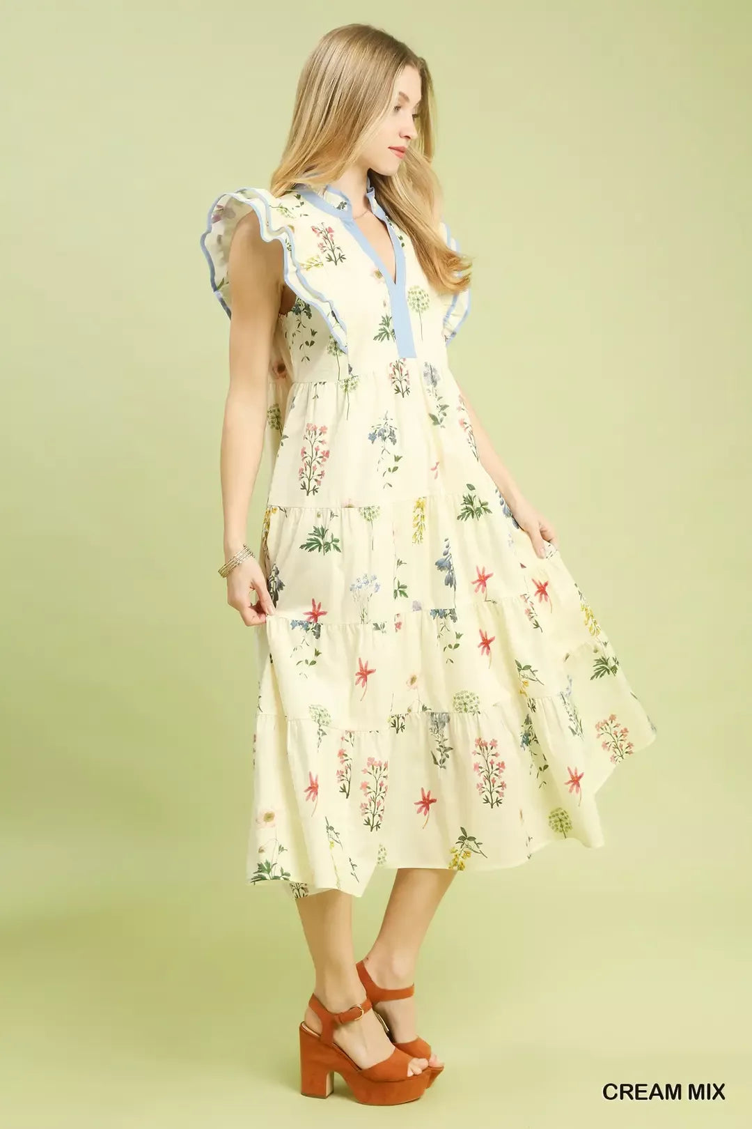 Trendsi Umgee Mix Floral Tiered Ruffle Midi Dress -